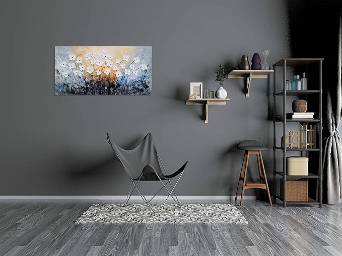 SYGALLERIER White Flower Canvas Wall Art - Hand Painted 3D Oil Paintings - Black Blue Pictures for Living Room Farmhouse Dinning Room Decor