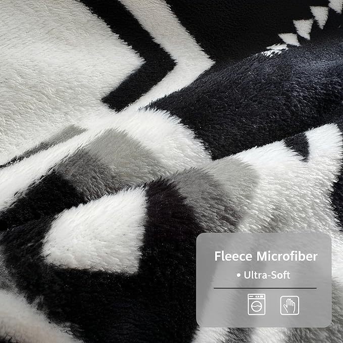 Fleece Blanket Full/Queen - 80x90 Inch Lightweight & Buttery-Soft Throw for Bed, Sofa, Camping | 300GSM Cloud-Touch Microfiber | Cozy Essentials for Travel & Movie Nights, (Boho Black&White)
