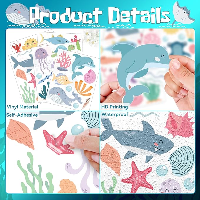 Ocean Animals Wall Decals - 5 Sheets 58 Pcs Under The Sea Theme Wall Decor Peel and Stick Ocean Wall Stickers for Home Kids Room Nursery Décor