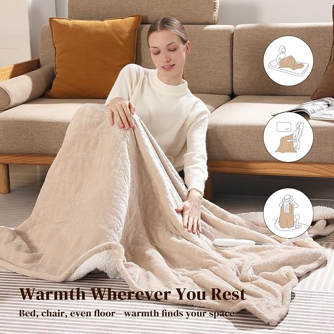 Electric Blanket Queen 84"x90" Heated Blanket Queen Size Dual Control Wheat Pattern Ultra-Soft Flannel & Thick Sherpa with 5 Heat Settings & 10H Auto Off, FCC/ETL Certified, Machine Washable, Beige