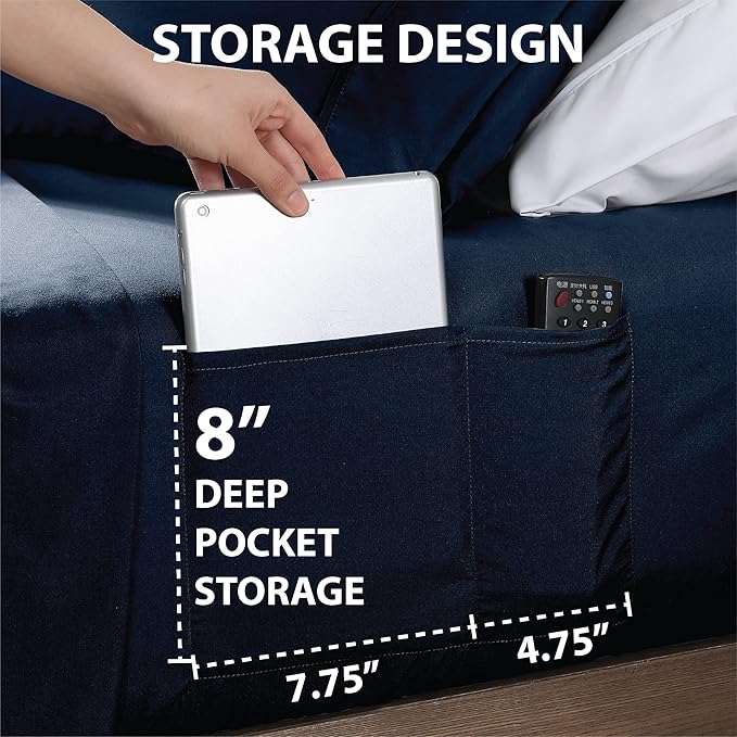Swift Home Smart Sheets, Ultra Soft Brushed Microfiber 3-Piece Sheet Set, Fitted Bed Sheet with Side Storage Pockets – Navy, Twin