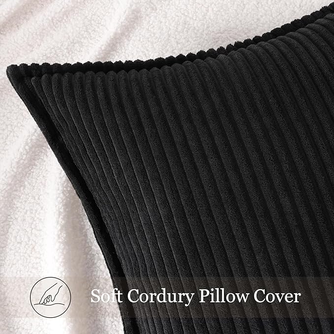 Mecatny Corduroy Throw Pillow Covers 22x22 Set of 2, Neutral Decorative Soft Boho Couch Pillow Covers with Broadside for Sofa Living Room, Black