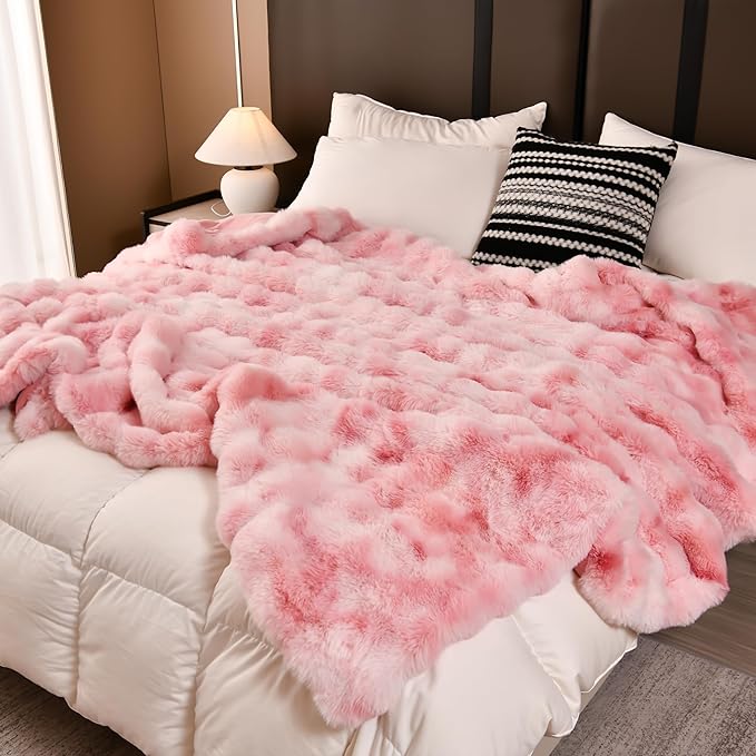 H&D Faux Fur Throw Blanket for Couch,Fluffy Cozy Soft Plush Luxury Thick Fuzzy Fleece Blanket for Couch Bed Sofa Bedroom Living Room,Comfy Bubble Blanket