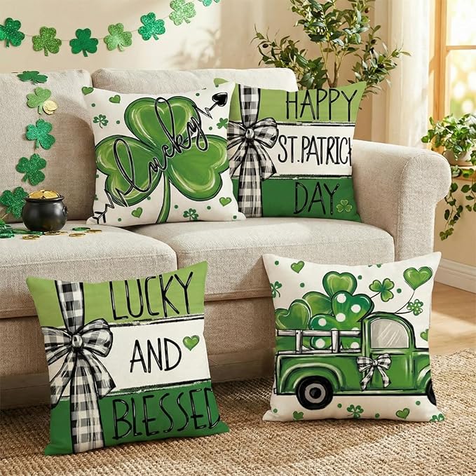 ONFAON St Patricks Day Pillow Covers 18x18 Set of 4 Shamrock Green St Patricks Day Decorations St Patricks Day Hat Farmhouse Classic Decorative Square Cushion Cases for Sofa Couch