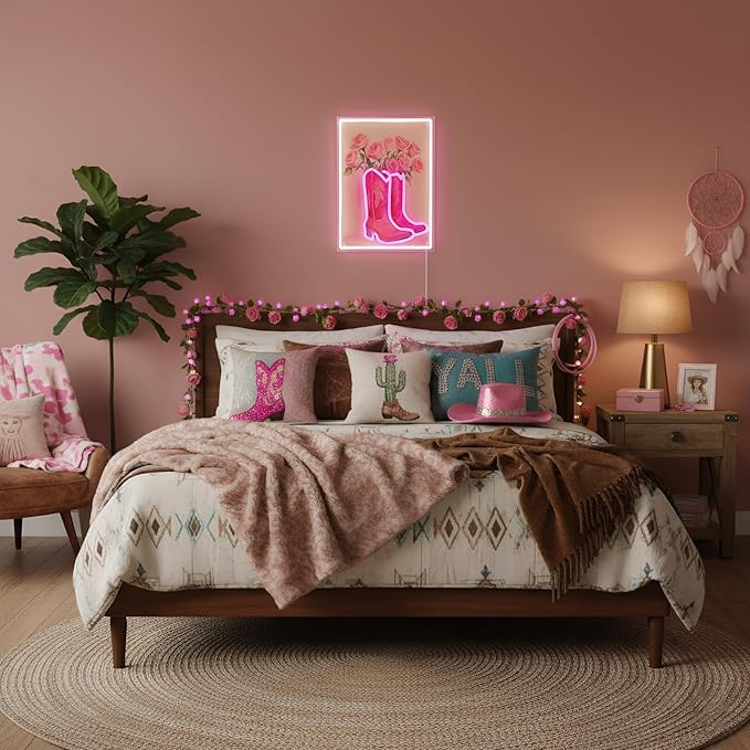 Cowgirl Boot with Flowers Neon Sign for Wall Art Decor, Dimmable Pink White LED Western Wall Light for Home, Bedroom, Game Room, Bar, Party, Birthday Gift for Cowgirls, 16.5 x 12.5 Inch