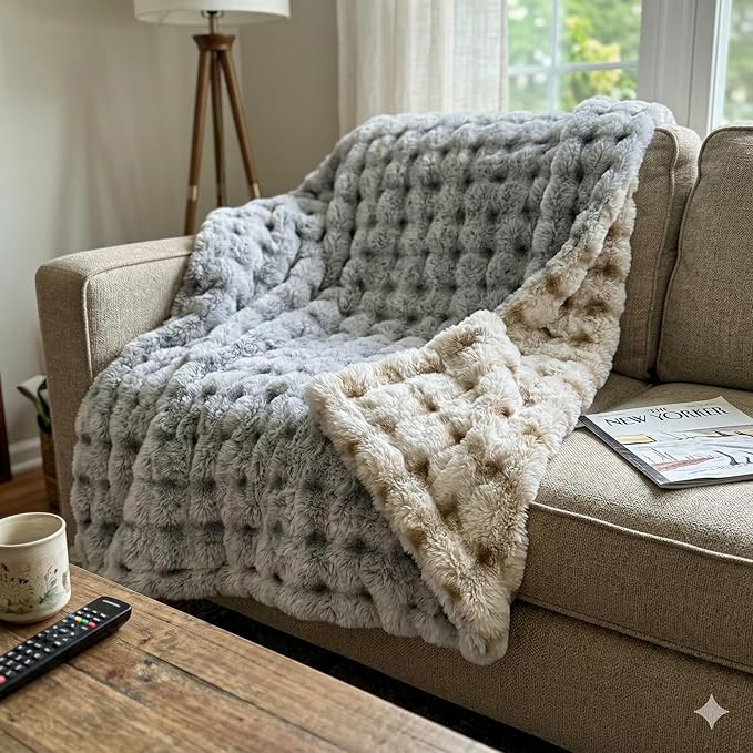 Luxury 1000GSM Double-Sided 3D Bubble Throw Blanket, 60x80 Inches, Reversible Two-Tone Faux Rabbit Fur, Frosted Black & Khaki White-Tipped, High-Density Ultra Soft Warm Blanket for Sofa