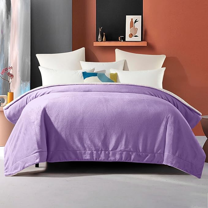 Elegant Comfort Ultra Soft Reversible Flannel Sherpa Blanket - Cozy Silky Fleece Throw for Couch, Bed - Plush Fuzzy Warm Winter Blanket for Gift, Twin, Lilac