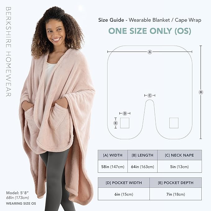 Berkshire Blanket Primalush™ Wearable Blanket, Cozy Loungewear Pocketed Plush Cape Wrap for Adults & Teens(Moonbeam, One Size 58"X64")