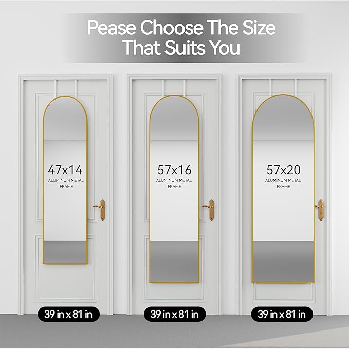 57x20 Door Hanging Full Length Mirror, Floor (Height 5.7ft just Body in1.3ft) or Wall Mounted Metal Frame Arch Dressing Mirrors for Bedroom Bathroom Living Room 57 20 inch Gold