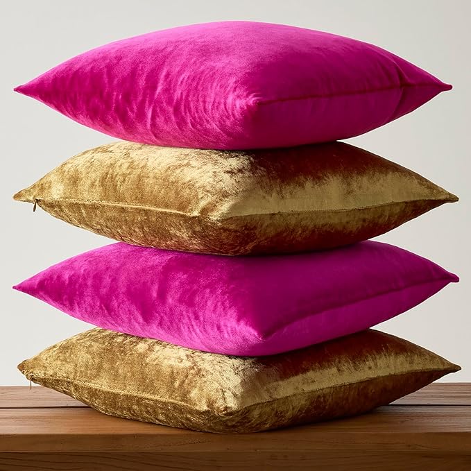 GIGIZAZA Velvet Pillow Covers 16x16,Hot Pink Gold Soft Throw Pillow Covers Set of 4 Square Decorative Modern Pillows Covers for Living Room