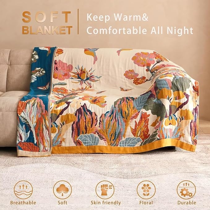 Boho Throw Blanket - 100% Cotton Soft Spring Throw Blanket for Bed, 90"x108" Reversible Breathable Lightweight Blankets, All Seasons Farmhouse Decor Floral Plant Butterfly Throw Quilt