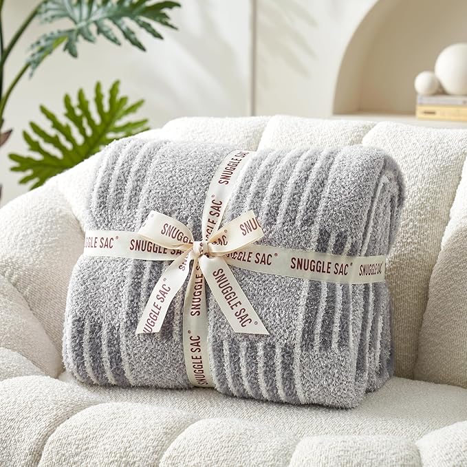 Snuggle Sac Checkered Throw Blanket for Couch,Reversible Soft Cozy Fluffy Blankets for Sofa Bedroom,Cute Lightweight Striped Throws for Women,Heather Light Grey,60x80 inches