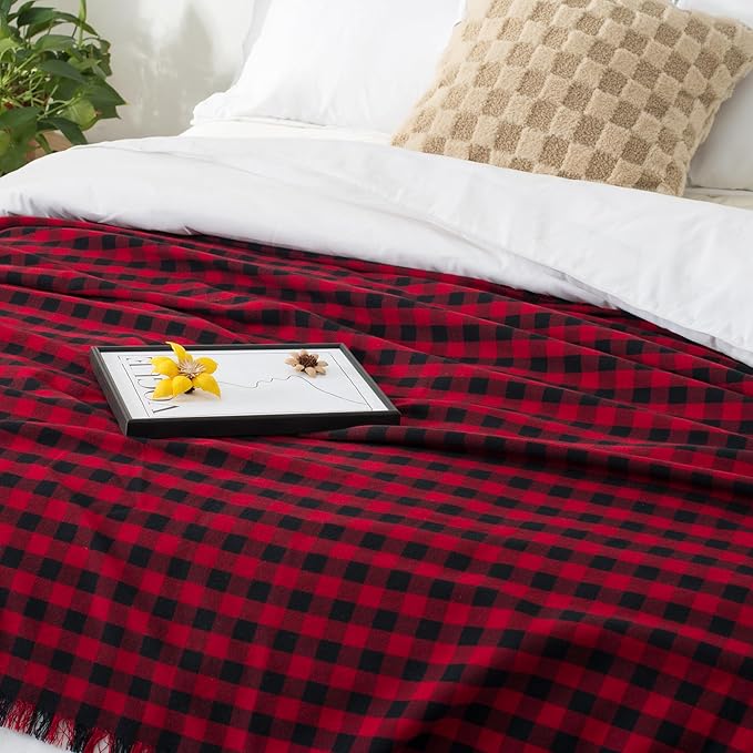 100% Cotton Throw Blanket Plaid Soft Lightweight Cozy Farmhouse Tassels Summer Thin Breathable Throws for Couch Sofa Bed (60" × 80" Red/Black)