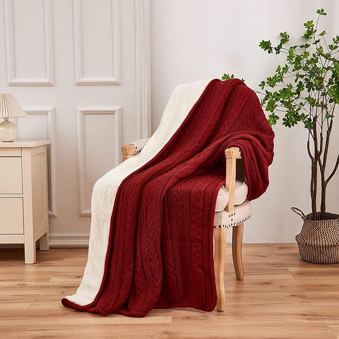 Longhui bedding Acrylic Cable Knit Sherpa Throw Blanket - Thick, Soft, Big, Cozy Wine Red Knitted Fleece Blankets for Couch, Sofa, Bed - Large 60 x 80 Inches Coverlet All Season, Burgundy Color