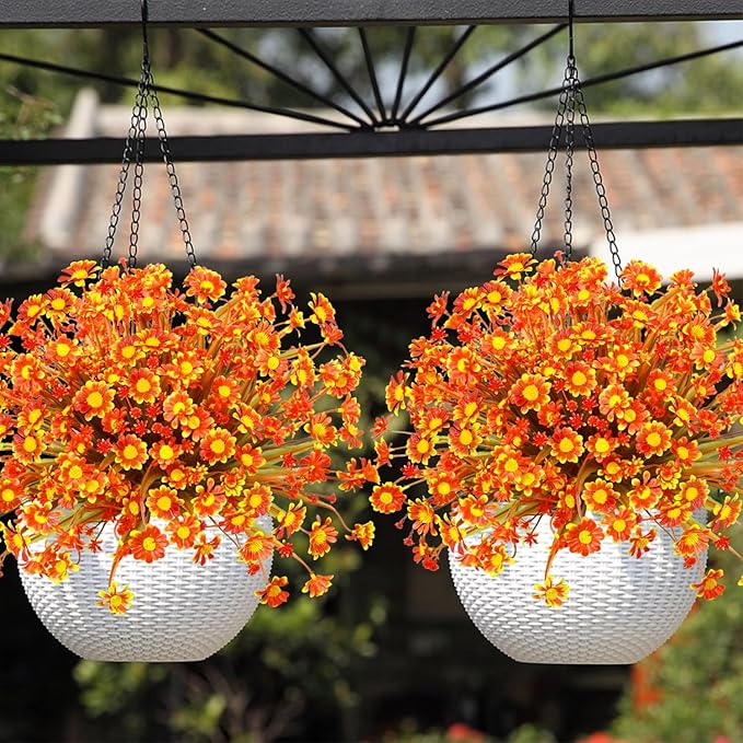 8 Bundles Artificial Daisy Flowers for Outdoors Spring Decor, UV Resistant Faux Cemetery Flowers Plastic Greenery Shrub Fake Flowers Plants Home Gardens Porch Planter Indoor Summer Fall Decor(Orange)