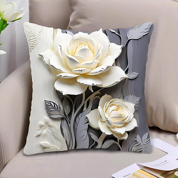2D Flat, 2pcs Elegant White Rose Linen Throw Pillow CoverDecorative, White and Gray Rose Design, Elegant Home Decor Cushion Case，18x18 Pillows Linen Pillowcase