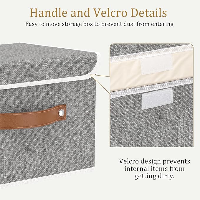 OUTBROS Storage Boxes, Collapsible Storage Bins with Lids, Cotton and linen cloth Storage Baskets with Handle, for Books, Closet, Bedroom, Home, 10.2x7.9x6.7 in, Grey