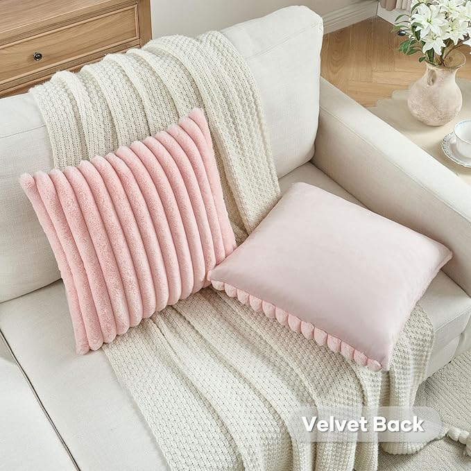 FUTEI Pink Decorative Throw Pillow Covers Set of 2, 18x18 Inch Soft Fluffy Faux Fur Plush Striped Cushion Cases, Modern Home Decor for Couch Bed Living Room