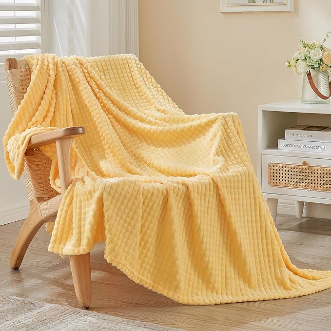EMME Fleece Throw Blanket Luxury Flannel for Couch Bed Sofa Chair, Soft, Plush, Warm and Cozy Blanket with Geometric Grid Design (Yellow, 50'' x 60'')