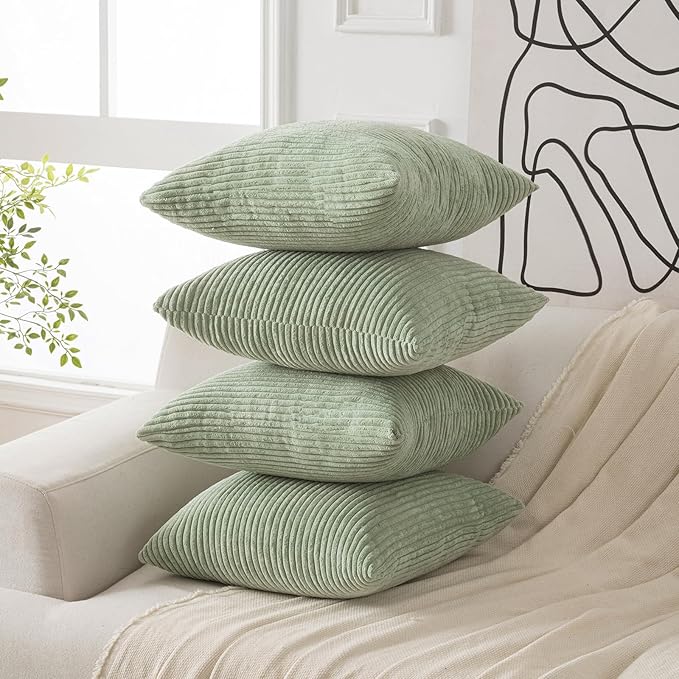Volcanics Set of 4 Sage Green Corduroy Decorative Couch Throw Pillow Covers 18x18 Inch, Western Modern Farmhouse Striped Cushion Cases, Soft Boho Square Accent Pillow Covers for Home Sofa