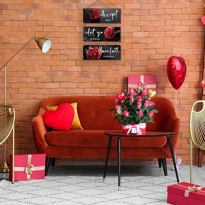 3 Pcs Red Decor Flower Rose Wall Art with Quotes for Girl Women Bathroom Living Room Bedroom Decor (Red Rose 10 x 4 Inch)