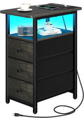 Yoobure End Table with Charging Station, LED Narrow Side Table Bedside Table, Small Night Stand End Tables Living Room, Skinny Nightstand with 3 Fabric Drawers, Side Tables Bedroom for Small Spaces