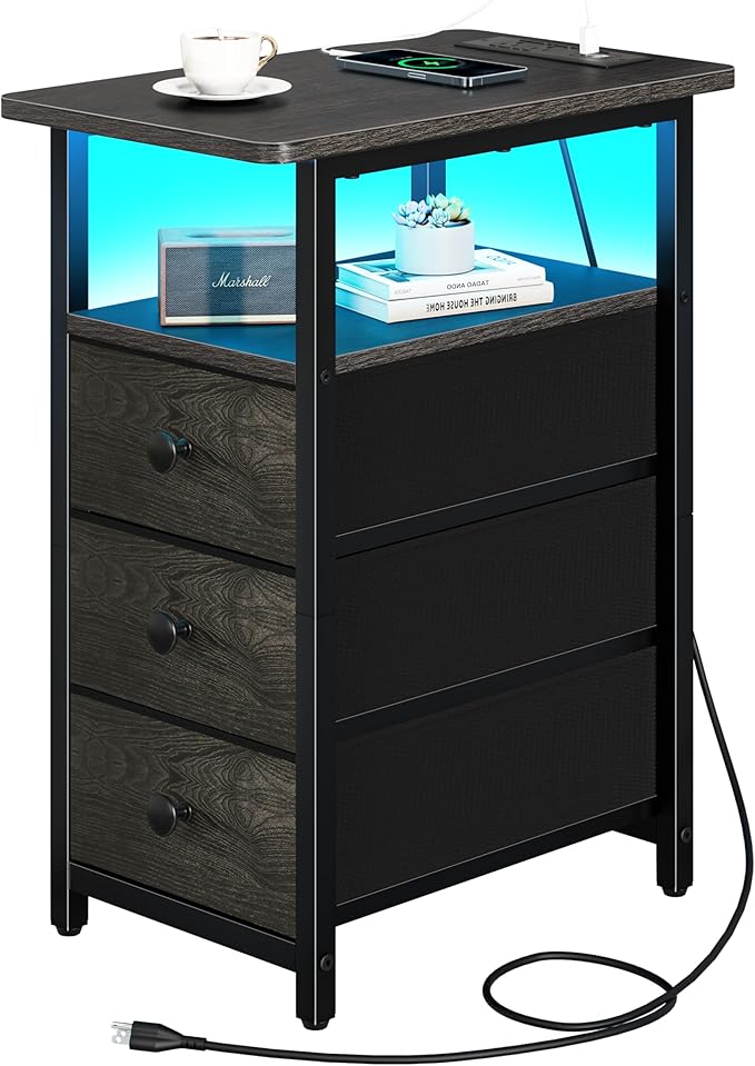 Yoobure End Table with Charging Station, LED Narrow Side Table Bedside Table, Small Night Stand End Tables Living Room, Skinny Nightstand with 3 Fabric Drawers, Side Tables Bedroom for Small Spaces
