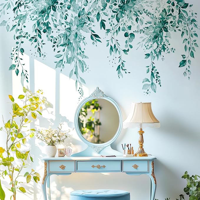 Teal Plants Leaves Wall Decals Peel and Stick, Large Floral Flowers Vinyl Wall Stickers, Removable Vine Home Decor Art for Bedroom Living Room Classroom Office