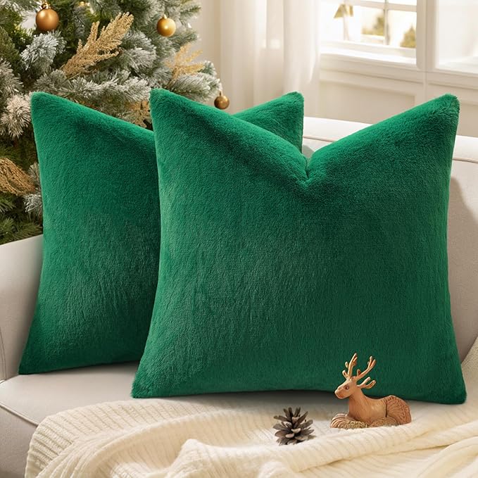 Pallene Faux Fur Plush Christmas Throw Pillow Covers 16x16 Set of 2, Soft Fluffy Couch Pillow Covers for Living Room, Christmas Green