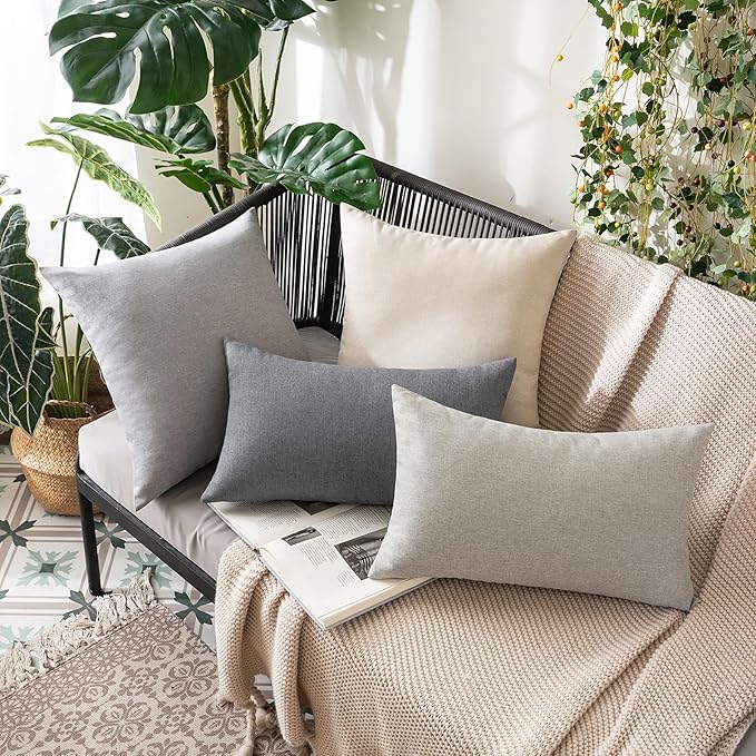 MIULEE Pack of 2 Decorative Outdoor Solid Waterproof Throw Pillow Covers Faux Linen Garden Farmhouse Cushion Cases for Patio Tent Balcony Couch Sofa 16x16 Inch Light Grey