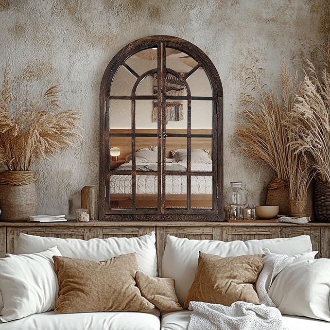 Arched Wall Mirror with Window Pane Design 38 x 26 Inch Rustic Farmhouse Wood Decorative Mirror for Living Room Bedroom Entryway