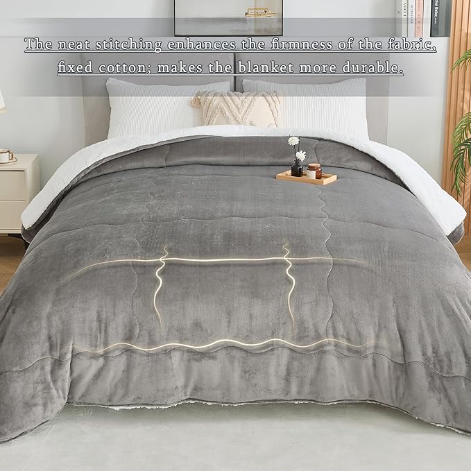 CHOSHOME Sherpa Fleece Blanket- Thick Warm Blanket for Winter, Soft Fuzzy Plush Blanket for Bed, Couch, Travel (Light Grey, King 90" x 108")