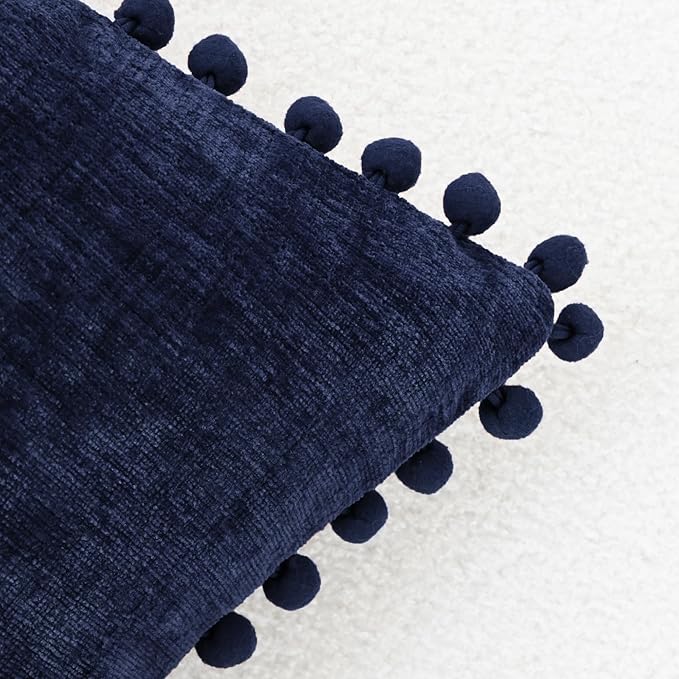 CaliTime Throw Pillow Covers Decorative 20 X 12 Inches Pack of 2 Cozy Solid Dyed Soft Chenille Cushion Cases with Pom Poms for Couch Sofa Bed Living Room Home Navy Blue