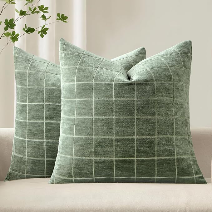 MIULEE Decorative Chenille Check Throw Pillow Covers Vintage Plaid Couch Pillows 20x20 Inch Set of 2 Neutral Boho Farmhouse Cushion Covers Modern Spring Home Decor for Sofa Bed Living Room Sage