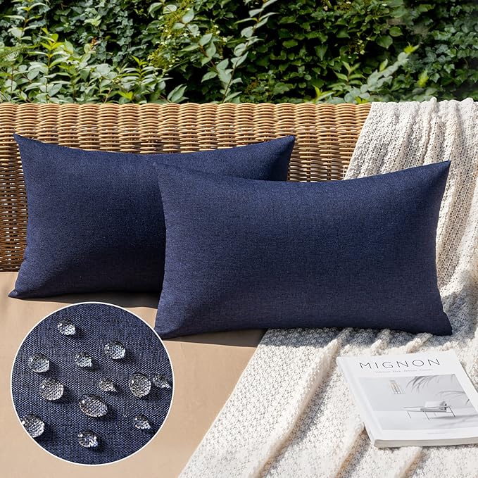MIULEE Pack of 2 Decorative Outdoor Solid Waterproof Throw Pillow Covers Faux Linen Garden Farmhouse Cushion Cases for Summer Patio Tent Balcony Couch Sofa 20x12 Inch Navy