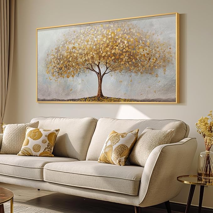 Gold Framed Tree of Life Wall Art, Large Modern Canvas Prints Paintings Artwork for Walls, Luxury Golden Big Tree Pictures for Living Room Bedroom Dining Room Fireplace Office Wall Decor, 48x24