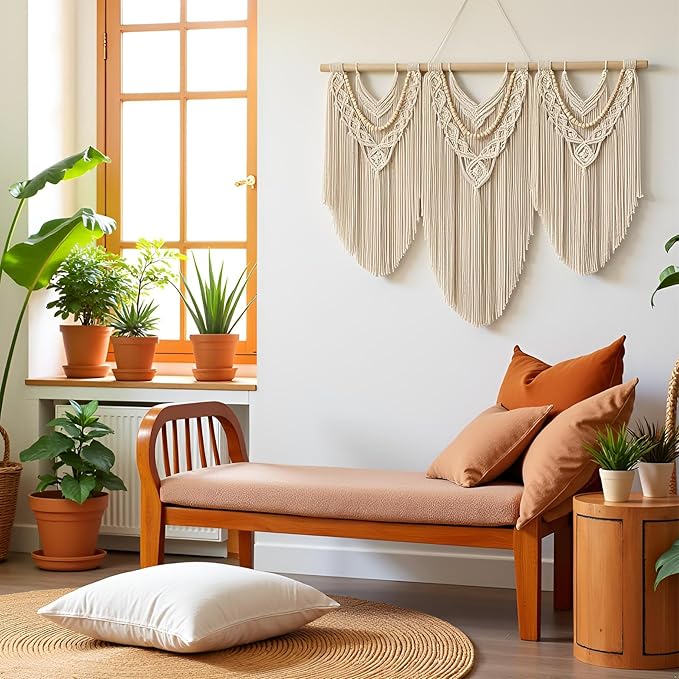 large macrame wall hanging - Boho Tapestry Macrame Wall Decor Art- Chic Bohemian Handmade Woven Tapestry Home Decoration for Bedroom Living Room Apartment Wedding Party - 43"x32" (Beige-Wood Bead)