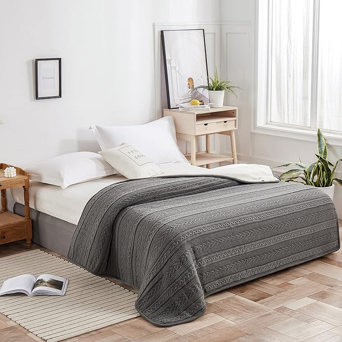 Longhui bedding Acrylic Cable Knit Sherpa Throw Blanket - Thick, Soft, Big, Cozy Grey Knitted Fleece Blankets for Couch, Sofa, Bed - Large 50 x 63 Inches Gray Coverlet All Season