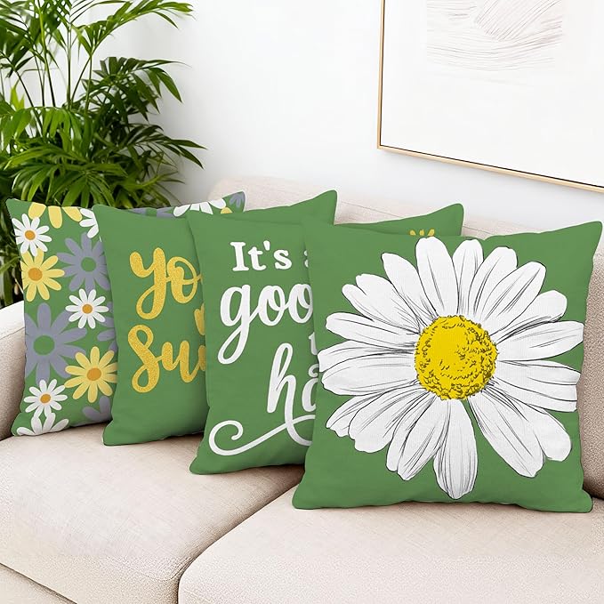 Hexagram Spring Summer Pillow Covers 18x18 Set of 4, Outdoor Floral Daisy Decorative Green Throw Pillow Covers, You are My Sunshine Farmhouse Cushion Case for Couch Sofa Indoor Home Decor(No Insert)