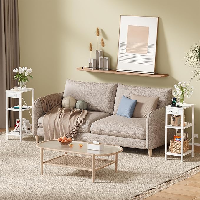 Tall End Table with Charging Station and USB Ports, 3 Tier Narrow Tall Bedside Table with Storage, Slim Nightstand with Outlets for Bedroom, Living Room, Nursery, Office, White