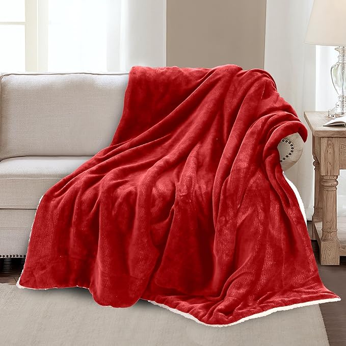 Mocassi Premium Ultra-Soft Velvet Touch Flannel Fleece Sherpa Throw - Warm Cozy Reversible Plush Micromink Throw Blanket for Couch, Bed and Sofa - Fluffy, Christmas Winter Bedding Gift, Red