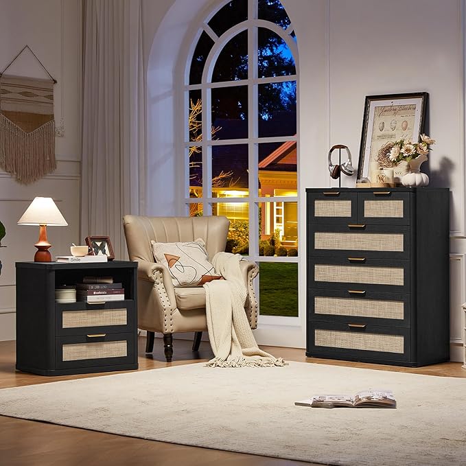 LEYAOYAO Rattan Dresser for Bedroom Set of 2, 42" Tall Chest of Drawers, Modern 6 Drawers Boho Dressers with Storage, Light Oak Dresser Wooden Closet Organizer for Living Room, Hallway, Black