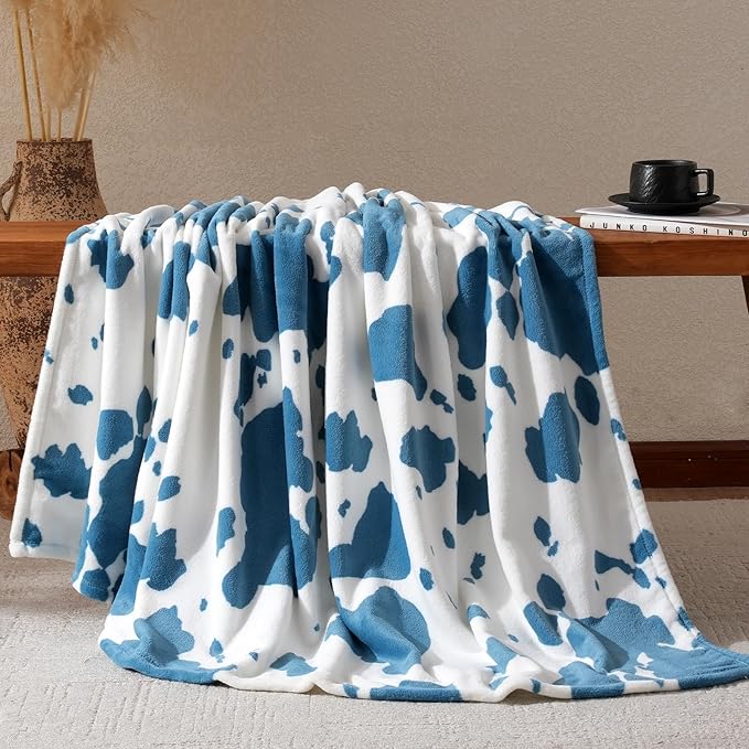 Cozy Bliss Cow Print Fuzzy Throw Blanket for Couch - Thick Soft Warm Non Shedding Fleece Blankets for Western Décor Room, for Kids, Women Men Girls, Teal Blue 50"*60"