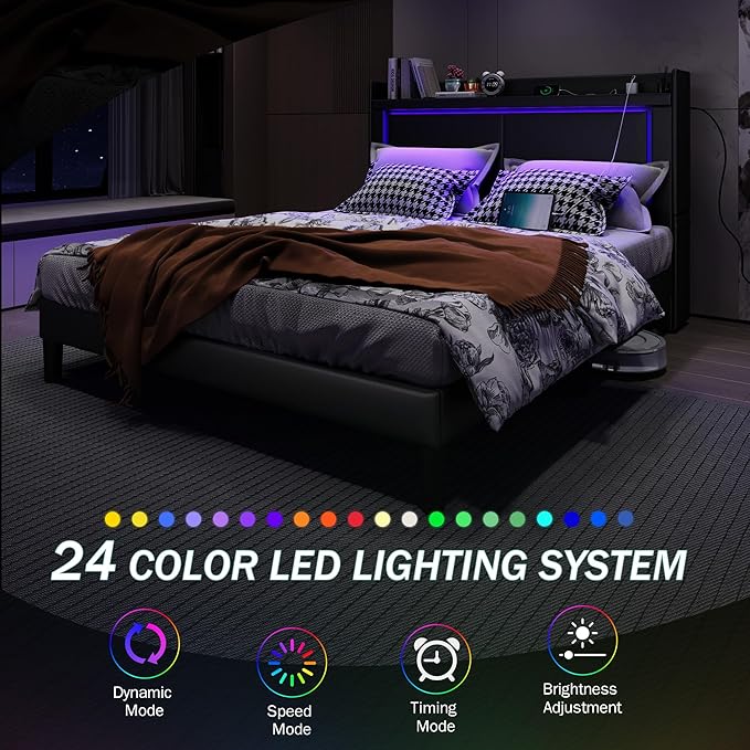 Queen Bed Frame with Headboard and Wheeled Nightstand, PU Leather Upholstered Platform Bed with LED&Charging Station for Bedroom, No Box Spring Needed, Noise Free, Suit for Couple/Single, Grey