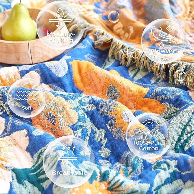 Boho Throw Blanket for Couch Sofa Chair Cotton Spring Blankets for Bedroom Living Room All Season Lightweight Reversible Floral Embroidery Throws 50"x60"