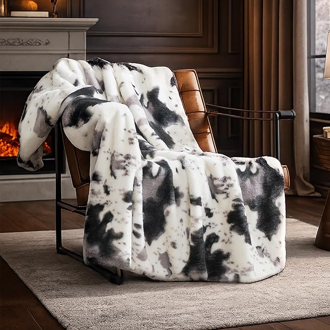 Cozy Bliss Cow Print Faux Fur Throw Blanket, Animal Printed Blankets Super Soft Warm Thick Fluffy Throws Home Decor for Couch Bed Sofa Women (Black&Grey Cow, 50x60 Inches)
