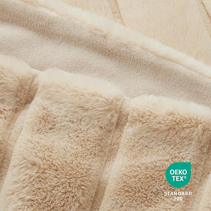 Cozy Bliss Deluxe Sheared Rabbit Faux Fur Throw Blanket, Soft Fuzzy High-Low Sculpted Plush Blanket for Couch, Cozy Home Accent, All Season Use, Khaki 50"x60"