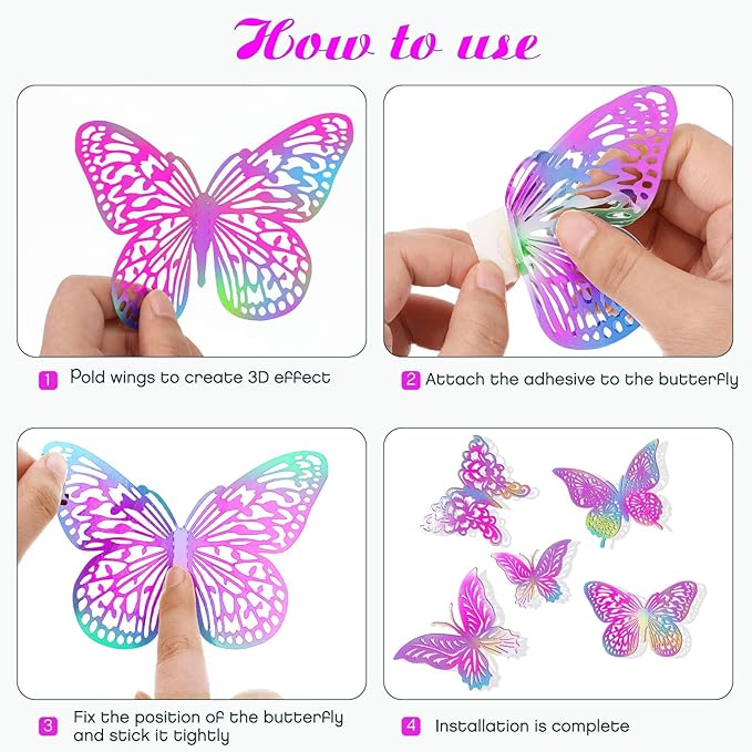 3D Butterfly Wall Decor 3 Sizes 4 Styles Butterfly Party Decorations Cake Decorations Removable Stickers Wall Decor Room Mural Metallic (Laser Pink Purple, 96Pcs)