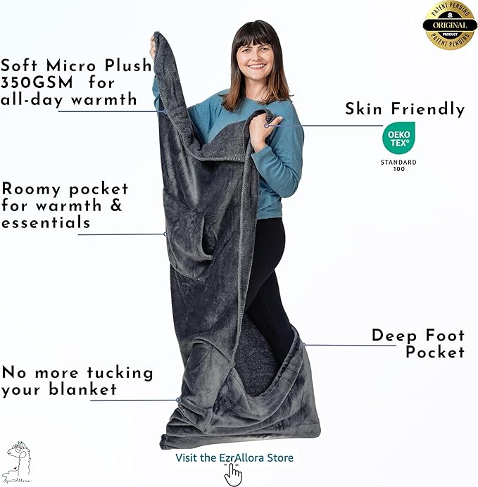 Fleece Lightweight Foot Pocket Blanket -Patent Pending- Dorm Gamer Useful Gift for Men - TV Throw - Father's Day Premium Gifts for Dad Who Wants Nothing (Fleece, Velvet Anthracite)