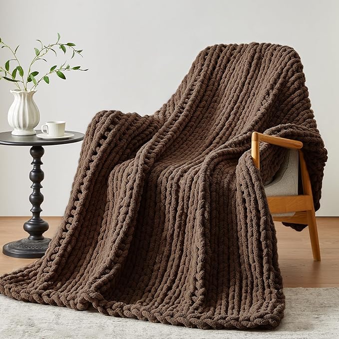 Chunky Knit Throw Blanket, 50''*60'' Knitted Throw Chenille Yarn for Bed Couch, Handmade Dark Brown Crochet Big Thick Blanket, Machine Washable Cute Comfy Blanket for Home Decor